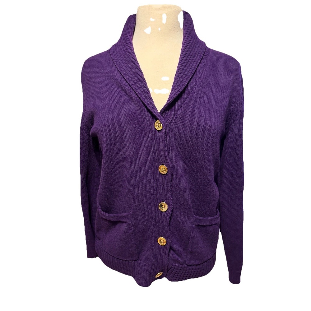 Lauren Ralph Lauren Purple Cotton Shawl Collar‎ Cardigan Gold Buttons Size M 4-6